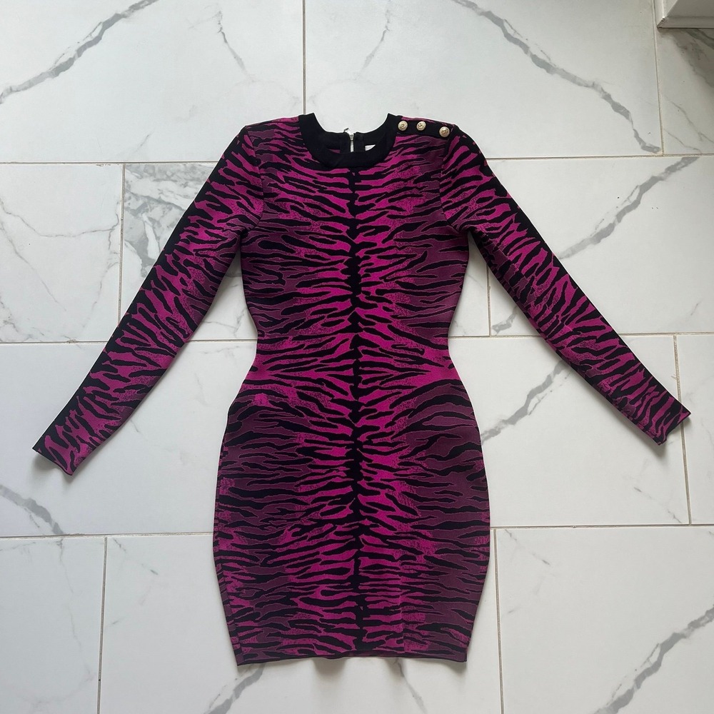 MILLY Pink Zebra Print BodyCon Dress long sleeve shoulder pads sz small
